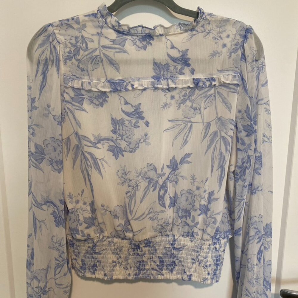 Maison d’Amélie Blue Floral Blouse | Sheer Long Sleeve | Size M - Picture 2 of 4